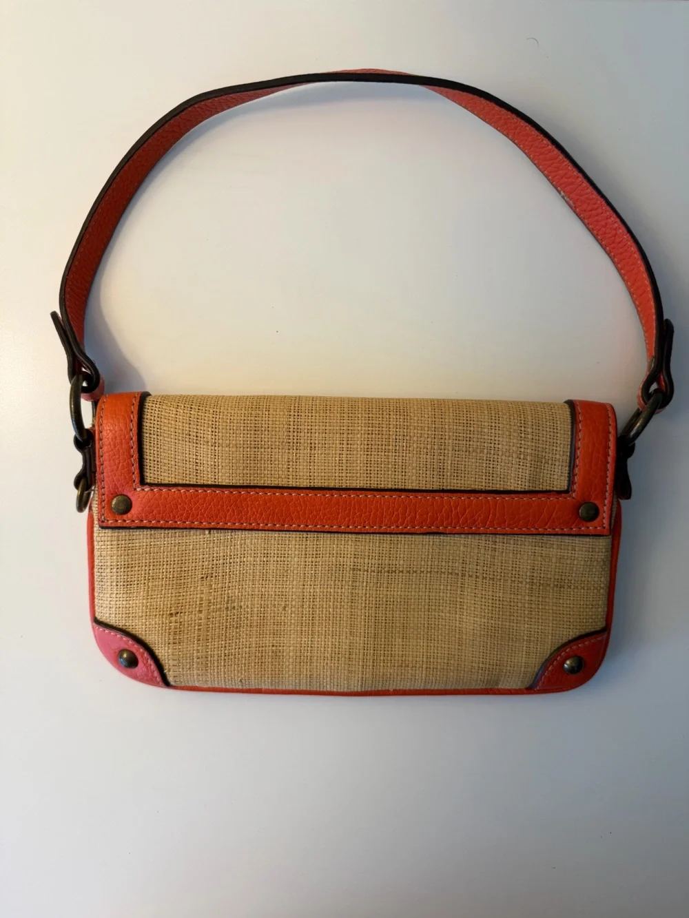 J Crew Woven Straw Shoulder Bag with Orange Leather Trim
